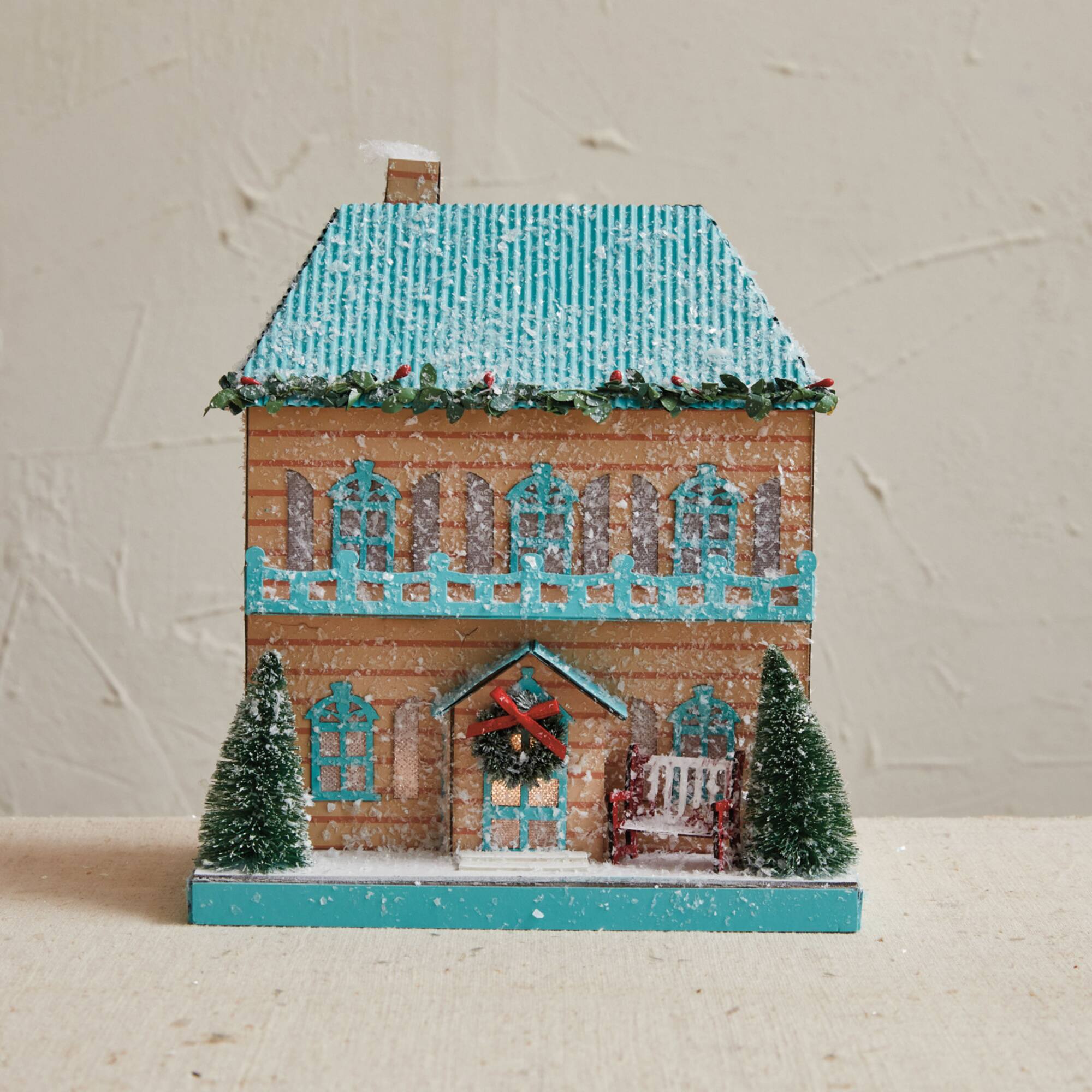 Hello Honey® 10" Decorative Paper House with LED Light, Glitter & Tinsel